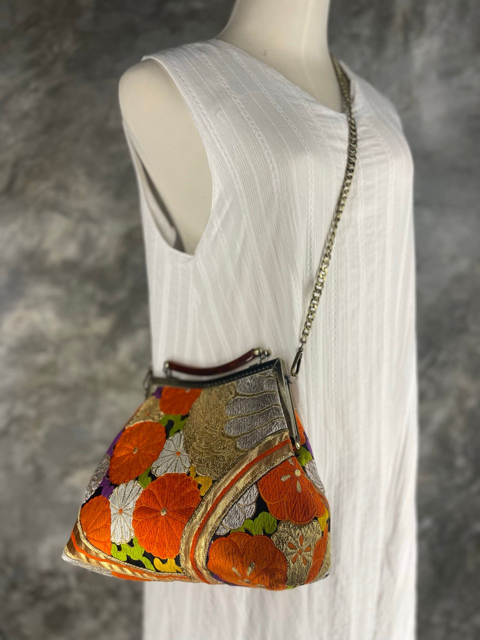 Thumbnail: Kimono Gamaguchi Bag – Sakura Gold Obi / G-038