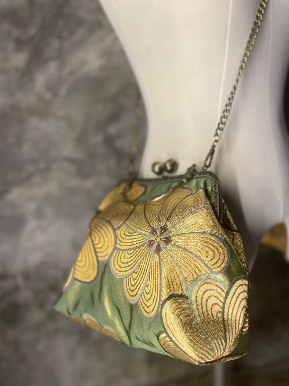 Thumbnail: Kimono Gamaguchi Clutch – Imperial Chrysanthemum (Antique Green)