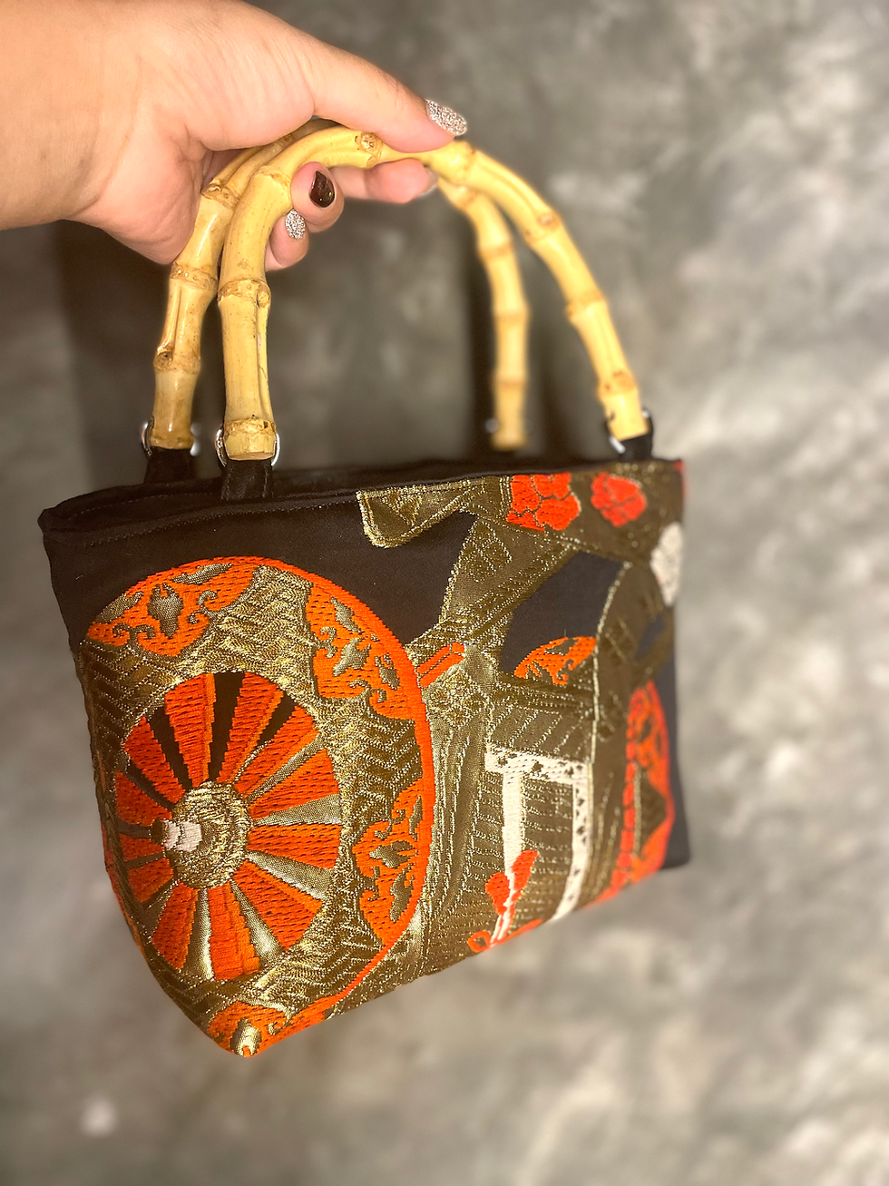 Thumbnail: Kimono Bamboo Handle Bag – Imperial Fan (Black & Vermilion Gold)