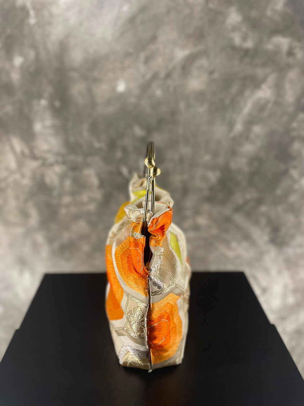 Thumbnail: Kimono Gamaguchi Bag (Benri Style) - Radiant Kikkō (Ivory, Orange & Yellow)