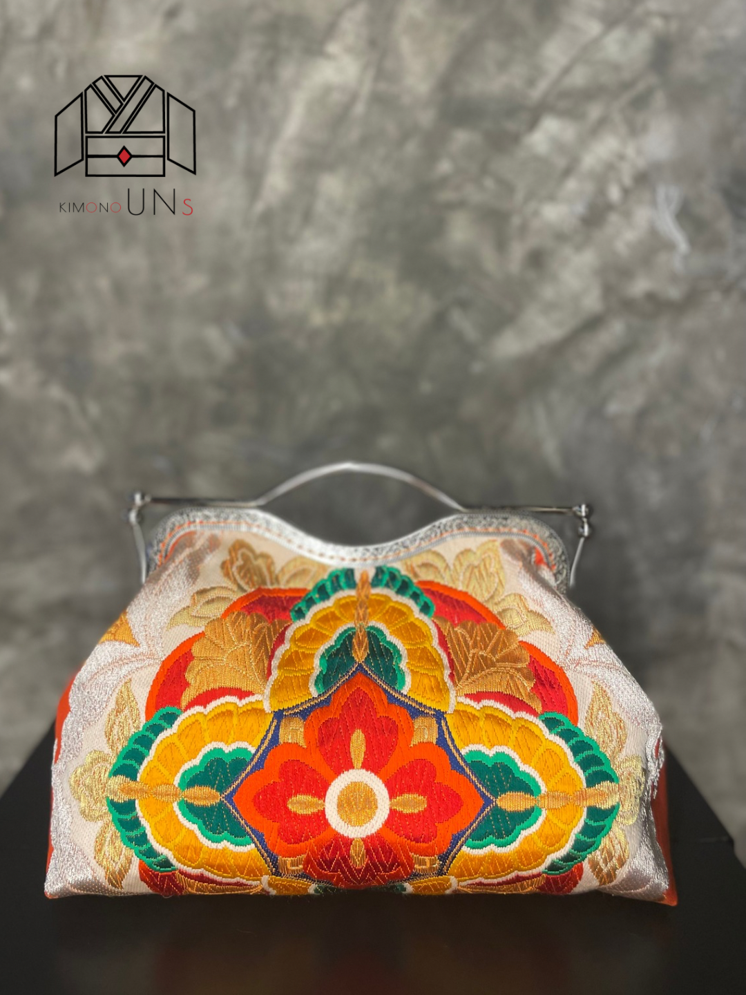 Kimono Gamaguchi Clutch Bag –  Hana (Silver Base / Red & Orange)