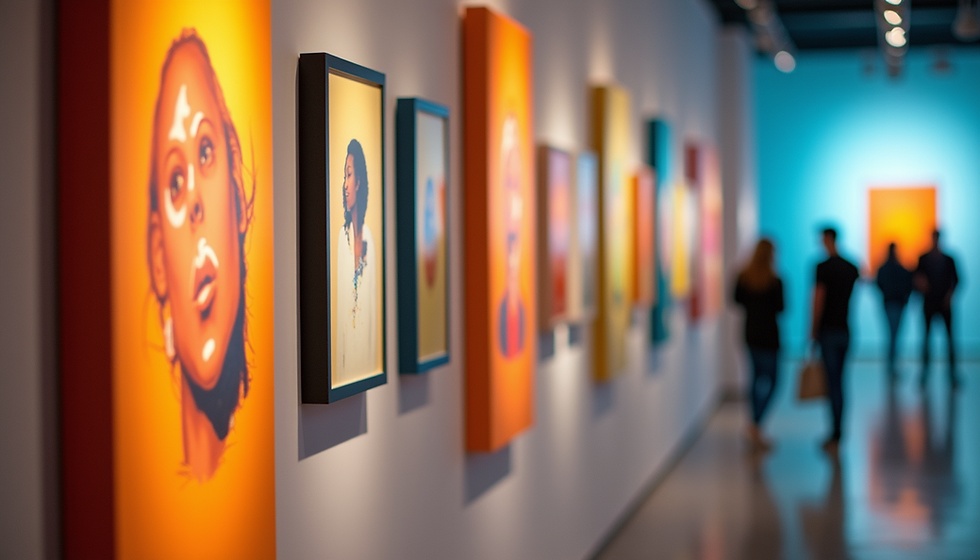 An AI image of a row of artwork on display in a gallery.
