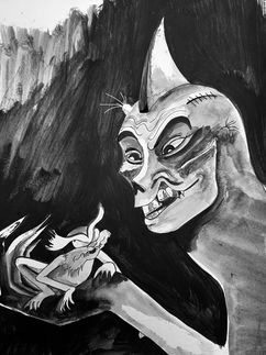 One large creature with a snarling expression  looking at smaller creature that looks similar to a lizard held in his hand.