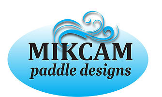 a logo for Mikcam Paddle Designs with a wave at the top of the lettering