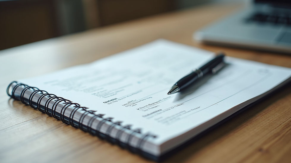 Close-up view of a notebook with strategic notes and a pen on a desk