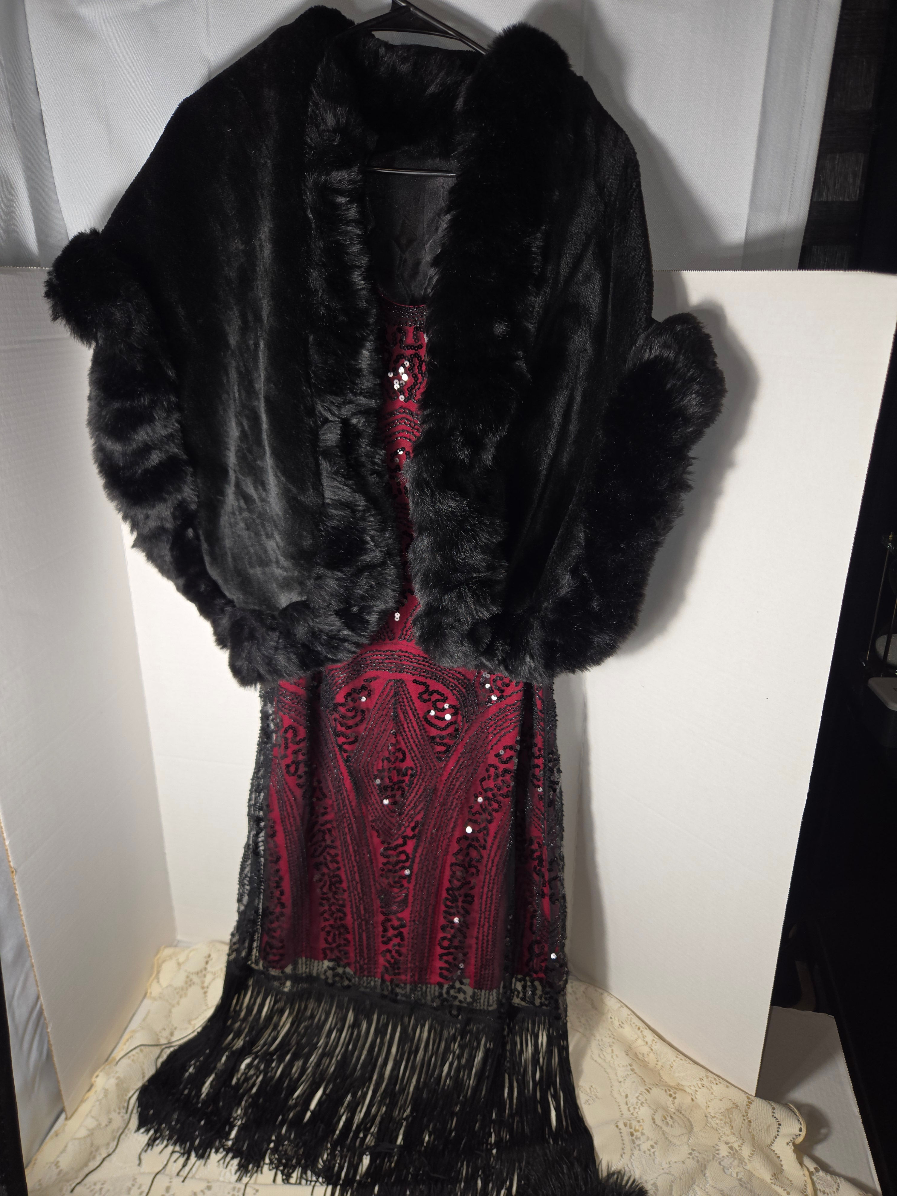 Women’s XL 1920s Flapper Dress Costume Set – Sequins, Faux-Fur Wrap & Headband