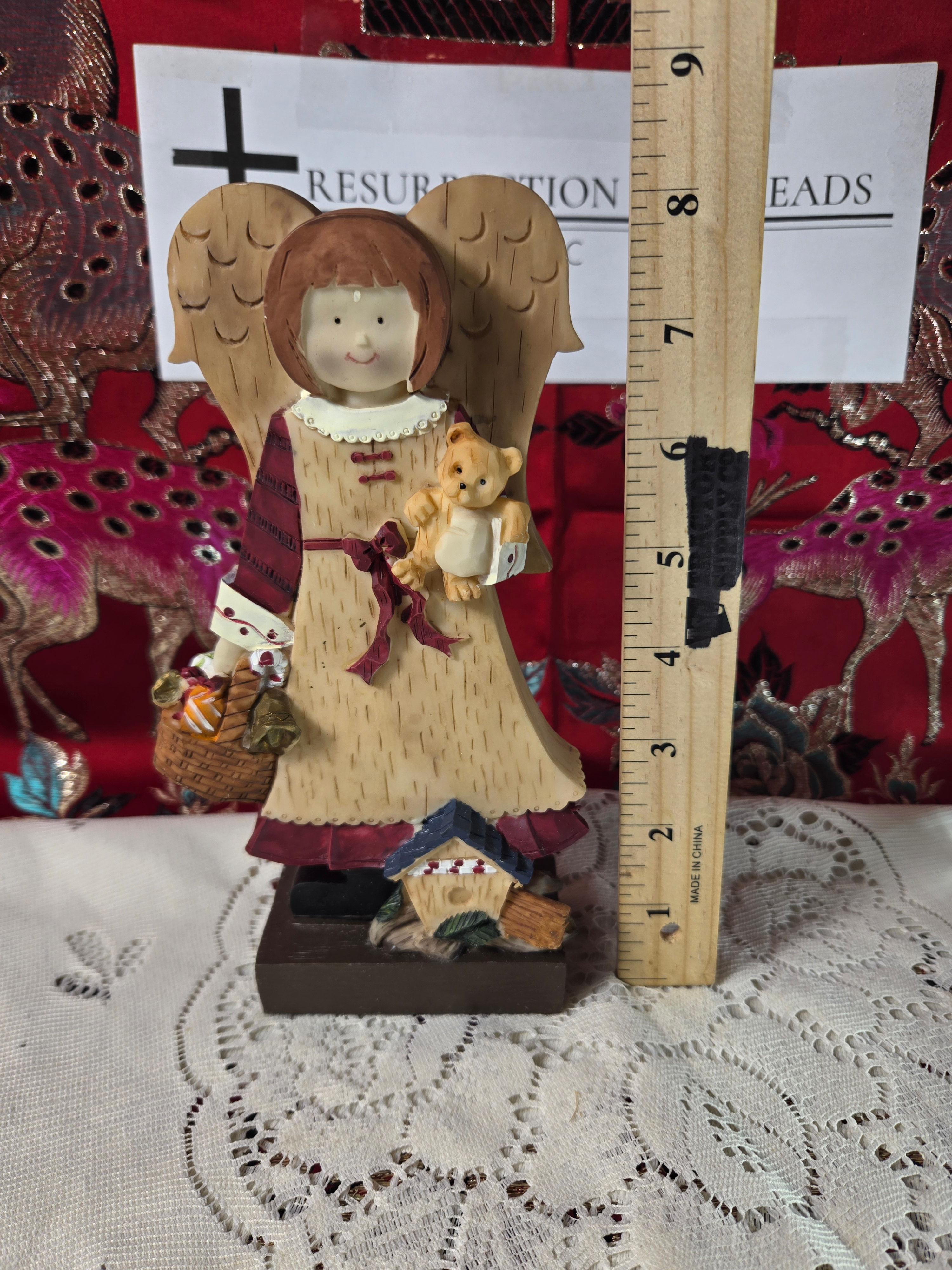 Country Angel Figurine w Teddy Bear Primitive Farmhouse Decor 9”