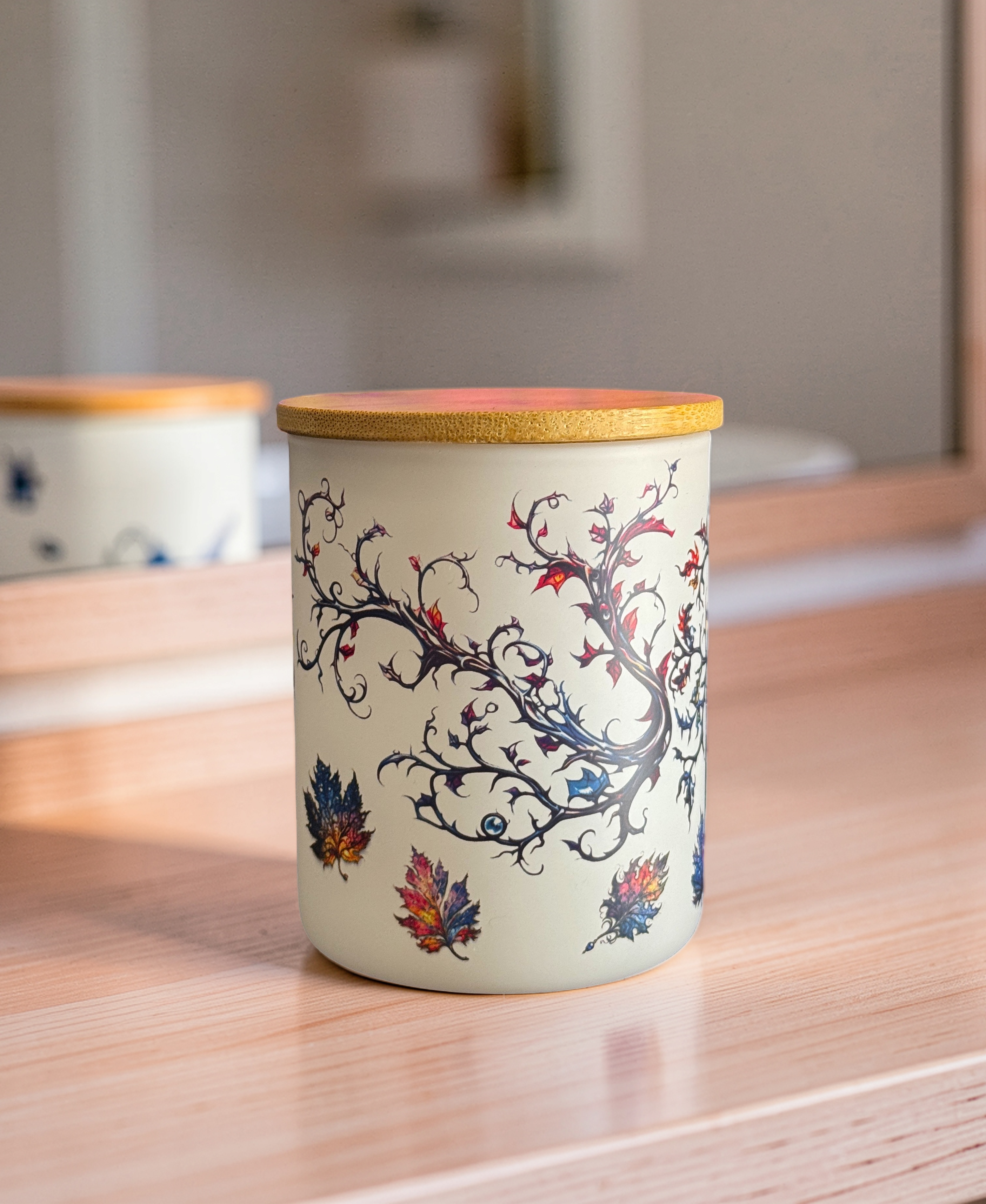 Magical Tree frosted glass jar side view wood lid on top