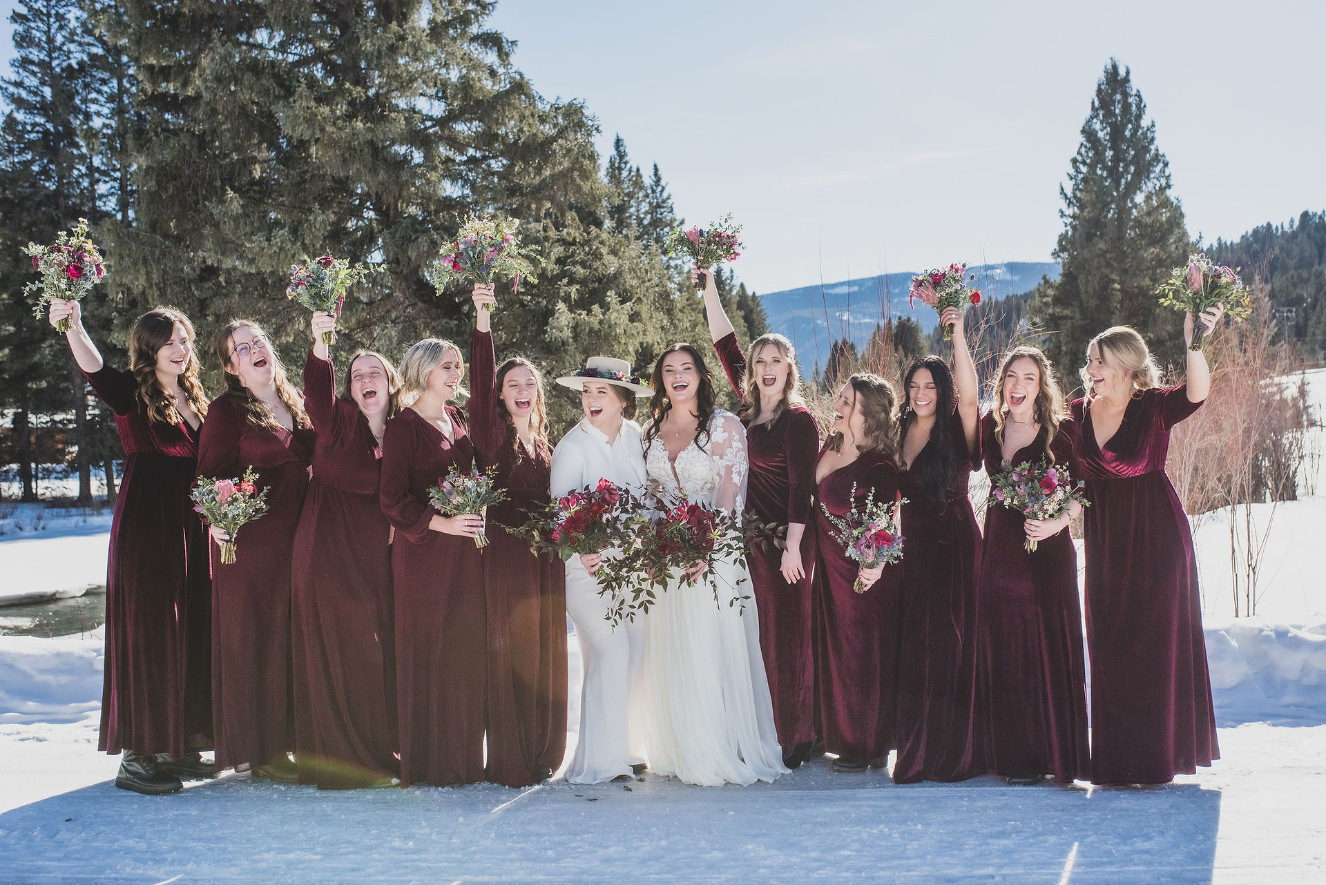 Burgundy velvet bridesmaid dresses, Rainbow Ranch winter wedding, queer wedding photographer, Big Sky Montana wedding photographer, Big Sky Montana wedding planner
