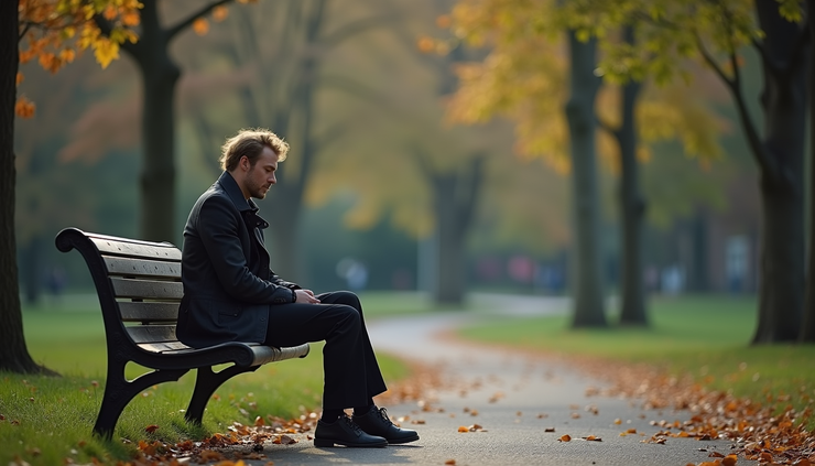 Eye-level view of a person sitting alone on a park bench looking around cautiously