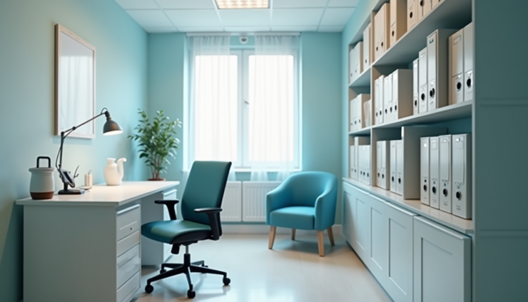 Eye-level view of a clinical setting with a psychiatrist's desk and medical files