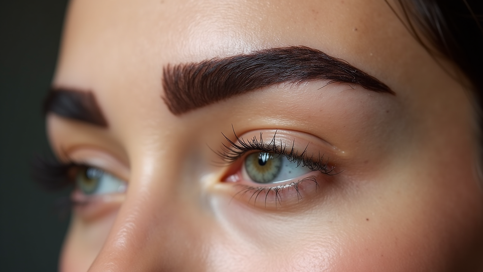 Close-up view of a powder eyebrow tattoo on a natural skin tone
