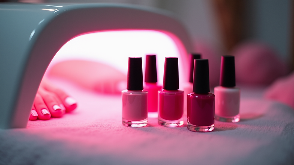 Close-up view of a pedicure station with nail polish bottles and UV lamp