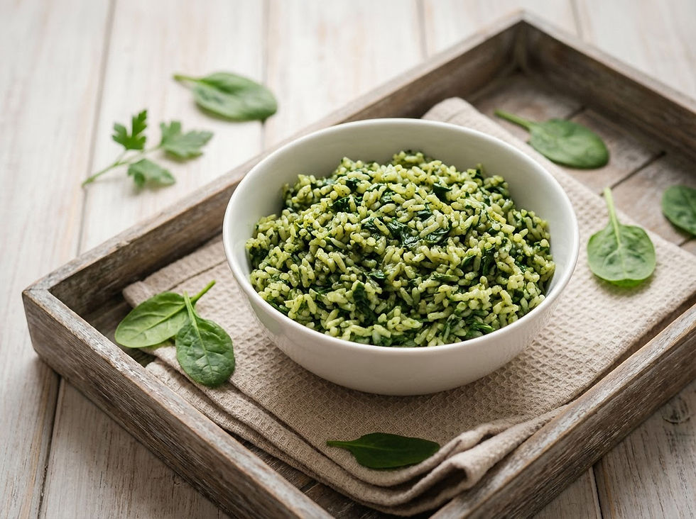 close-up of Spanakorizo in a white bowl sitting on a linen napkin