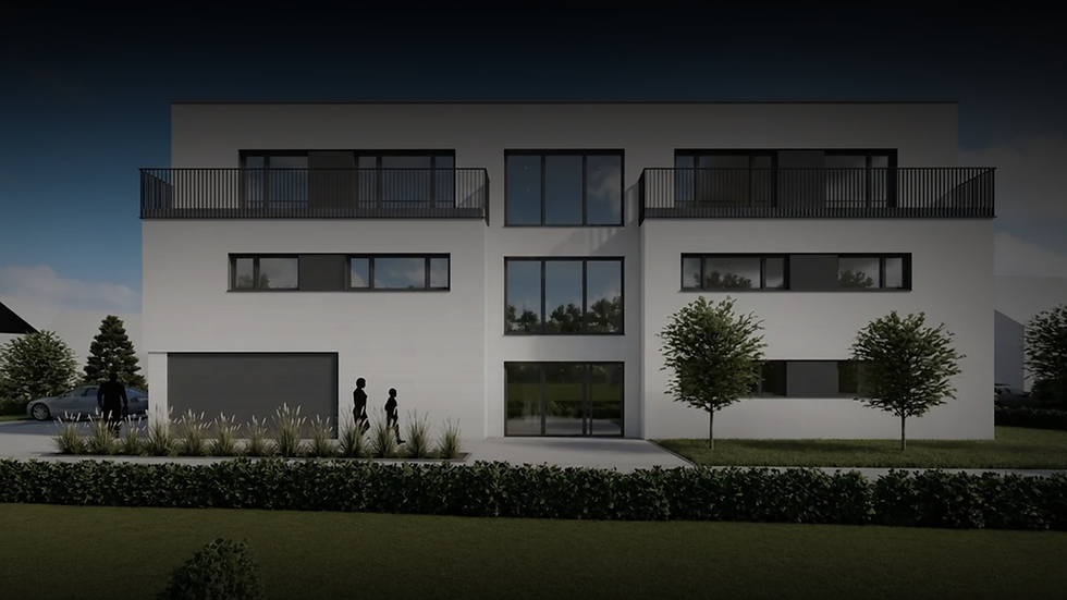 Moderne, zweigeschossige Wohnanlage mit Balkonen und Garten
