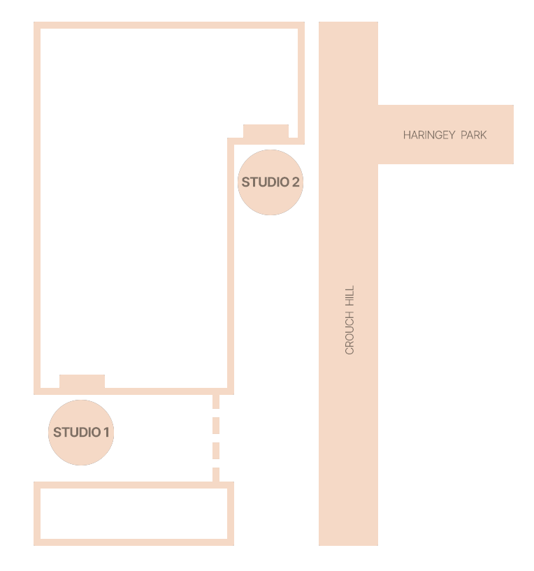 Diagram showing entrances to Studio 1 and Studio 2 in relation to Haringey Park and Crouch Hill