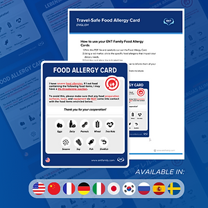 Mockup of Downloadable Travel Safe Food Allergy Cards by ENT Family in Hollywood, Florida. Available in 10 languages.