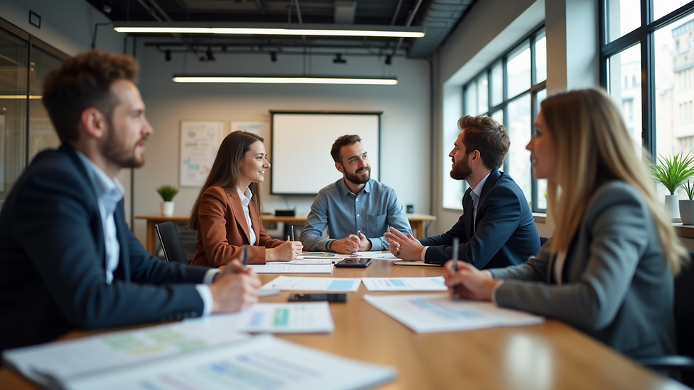 Eye-level view of a creative team brainstorming branding ideas in a modern office