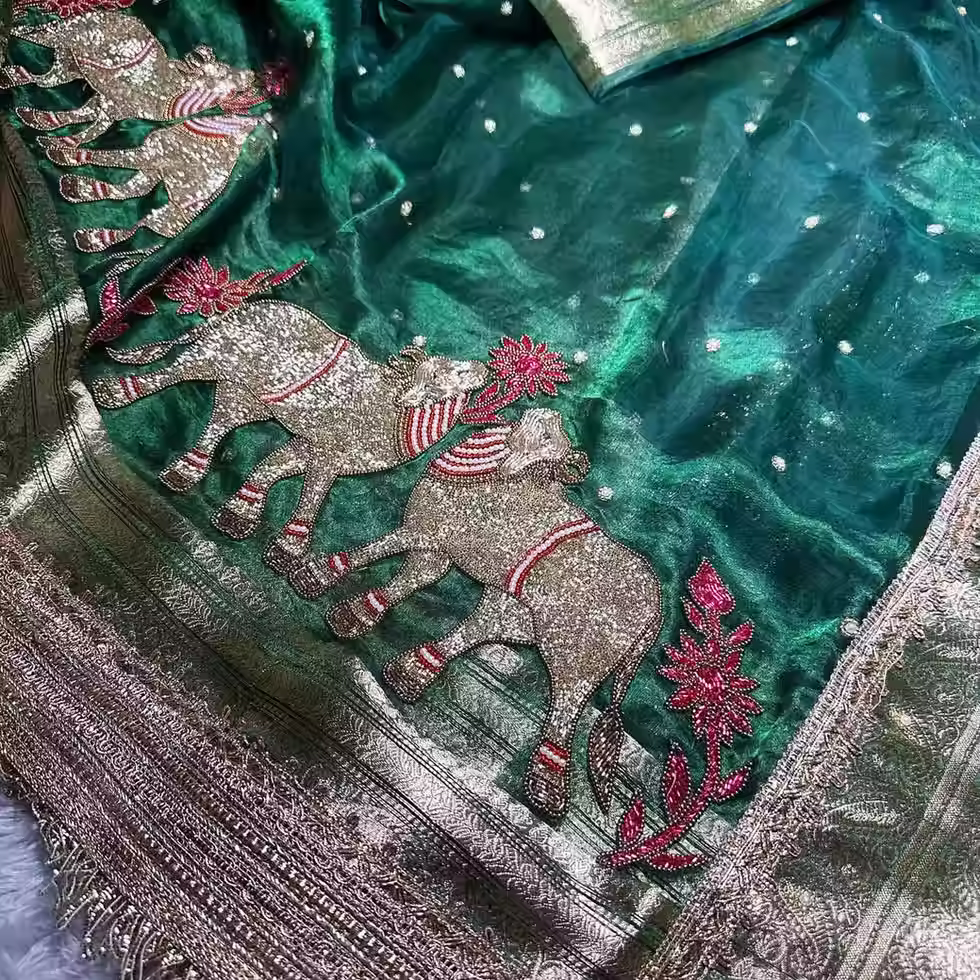 Gajanandi green Banarasi tissue saree with brocade blouse fabric for wedding wear