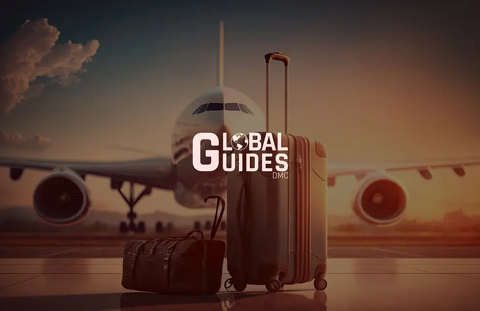 Luggage awaits flight, Global Guides logo