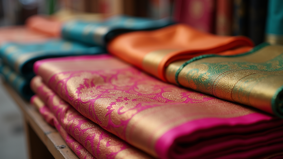 Eye-level view of a display of colorful Banarasi sarees folded neatly