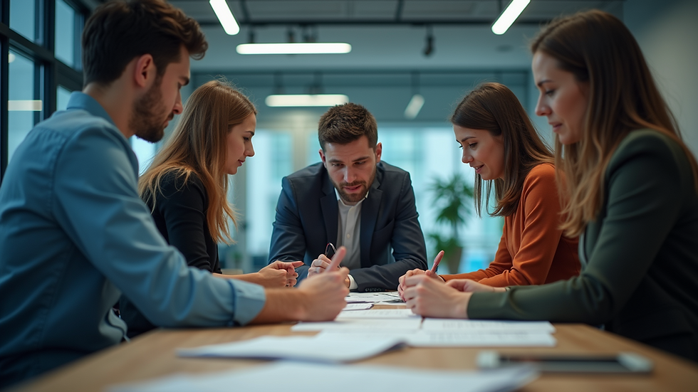 Eye-level view of a digital marketing team collaborating on multilingual content