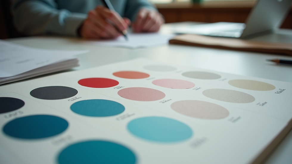 Close-up of a designer’s desk with color swatches and typography samples