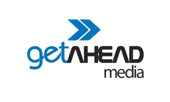 GetAhead Media logo:  blue arrow and text