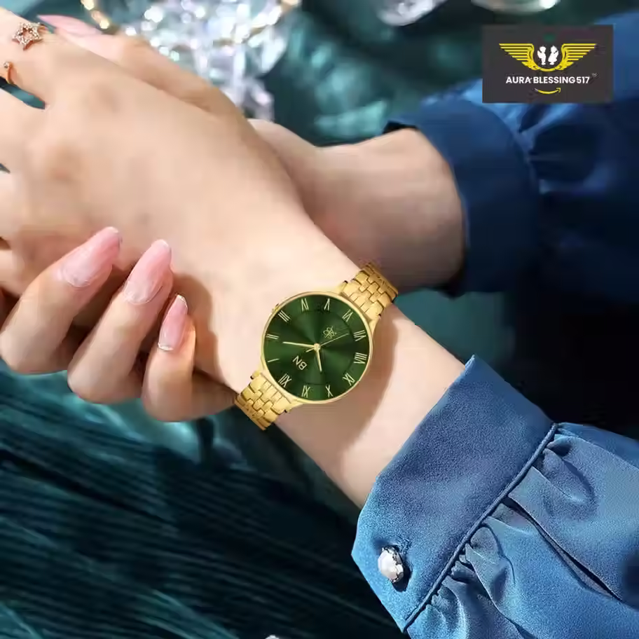 Green Dial Golden Strap Watch for Women with elegant luxury design