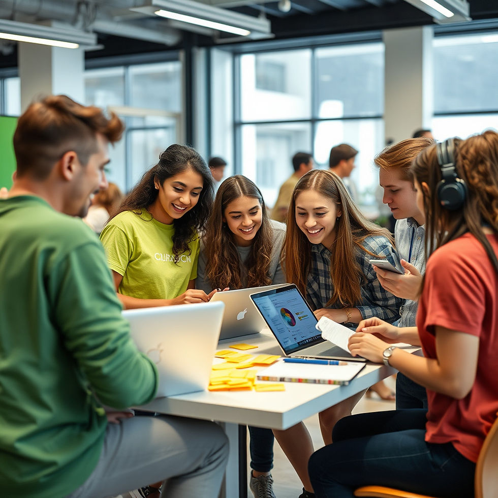 Enthusiastic young volunteers or students organizing an event, planning with laptops and n
