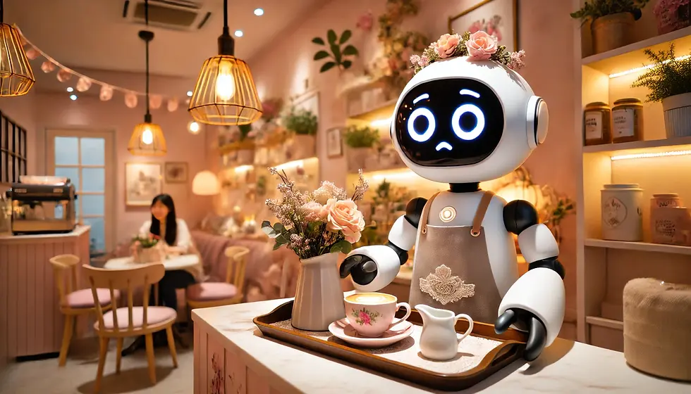 Sad robot with flowers on head serves coffee on tray in cozy café. Pink decor, warm lighting, woman seated in background. Cute, pleasant mood.