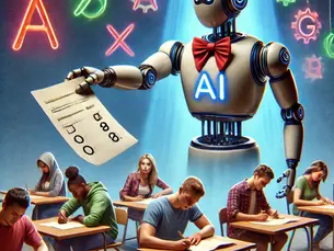 In a futuristic classroom, an AI robot in a red bow tie grades student exams, showcasing the integration of technology in education as students concentrate on their tests.