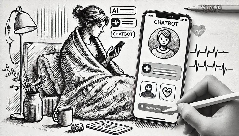 Woman wrapped in a blanket uses a phone with a chatbot app in a sketch-style room. Nearby are a plant, cup, lamp, and pencil drawing.