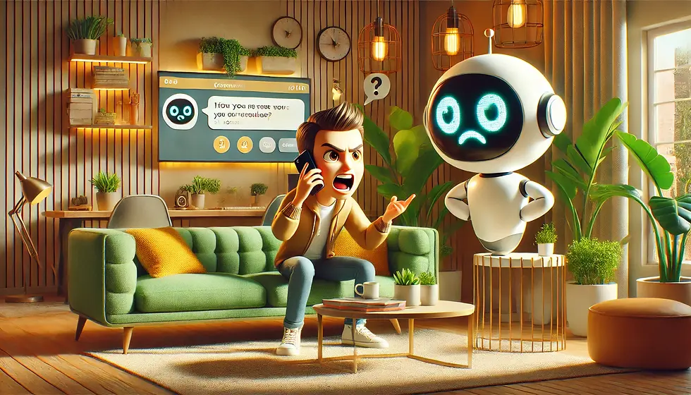 Frustrated customer expressing discontent while communicating with an unhelpful chatbot in a modern living room setting.