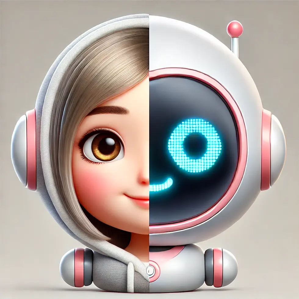 Half girl, half robot face merge; girl with big eyes and hoodie, robot with digital smile and antenna. Pastel colors, neutral background. chatbots discussion of humanness and anthropomorphism