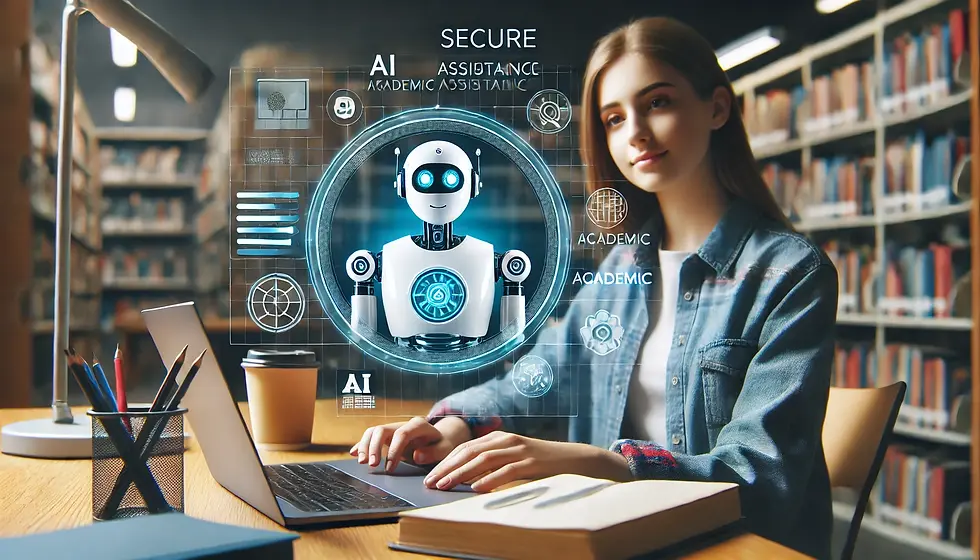 A woman in a library uses a laptop with a digital AI assistant hologram. Text: Secure AI Assistance. Shelves full of books in background. Potentially a teacher or student