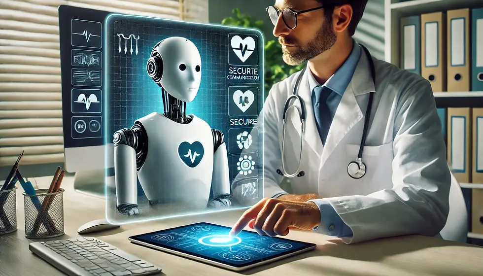 Doctor interacting with a touchscreen, displaying a chatbot with health icons. Office setting, digital interface, modern technology theme.
