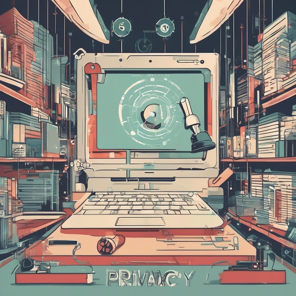 Laptop with lock image on screen, surrounded by books and gadgets in a library. Text "PRIVACY" below, in teal and orange hues. GDRP related
