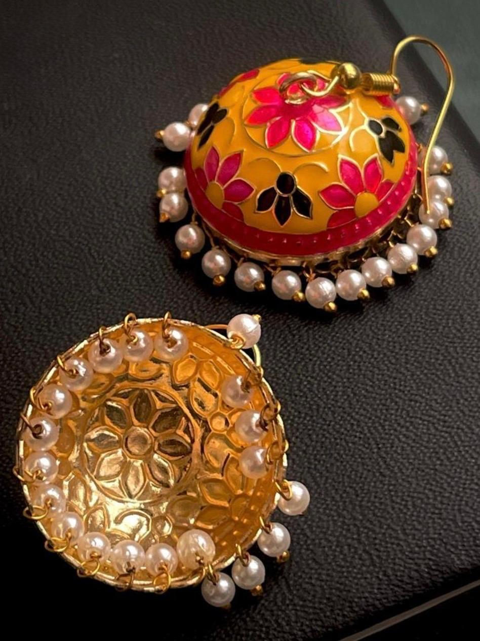 Thumbnail: MEERA Meenakari Flower Print Dome Shape Jhumkas