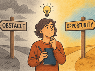 Person contemplating paths labeled "Obstacle" and "Opportunity," holding a notebook. Light bulb above, background split dark to light.