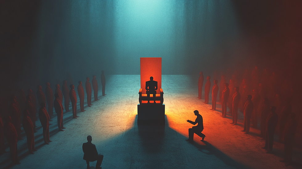 A powerful, symbolic scene featuring a grand, elevated chair at the center, representing leadership. Surrounding it, two contrasting scenarios unfold: on one side, an isolated figure sits in the chair, distant from the people below, while on the other, a leader is seen kneeling to help, offering guidance and support to a group working together. The lighting highlights the servant leader, casting a warm glow on collaboration and humility, while the isolated leader remains in shadow. The composition emphasizes the idea that true leadership is rooted in service, connection, and empowerment.