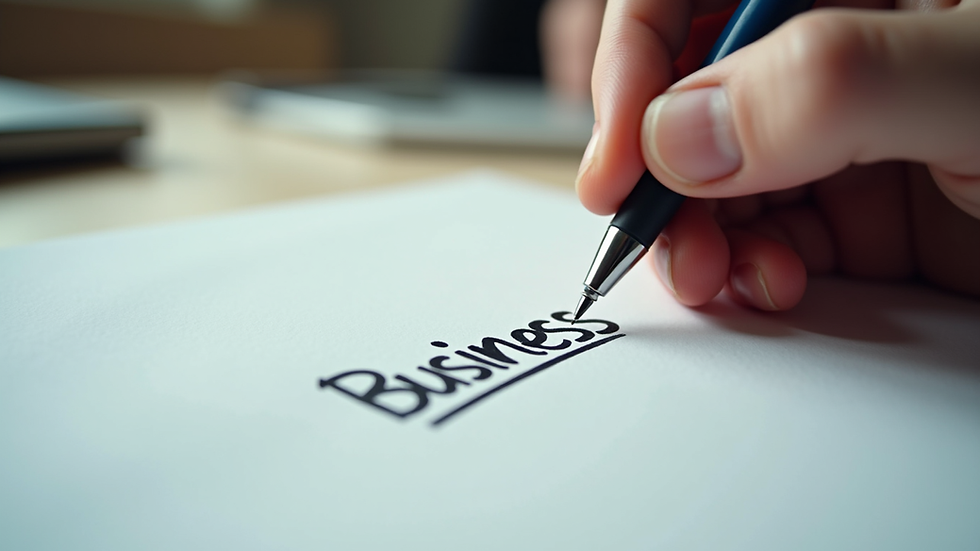Close-up view of a hand writing business names on paper