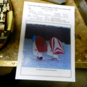 Article from historical skiff association of Alf’s 4th 10 Foot Skiff (Red Spinnaker) overtaking the opposition to leeward. Check the bow wave from both boats. Peter assured me his design enables the hull to sit higher and push through the water easier off the wind.