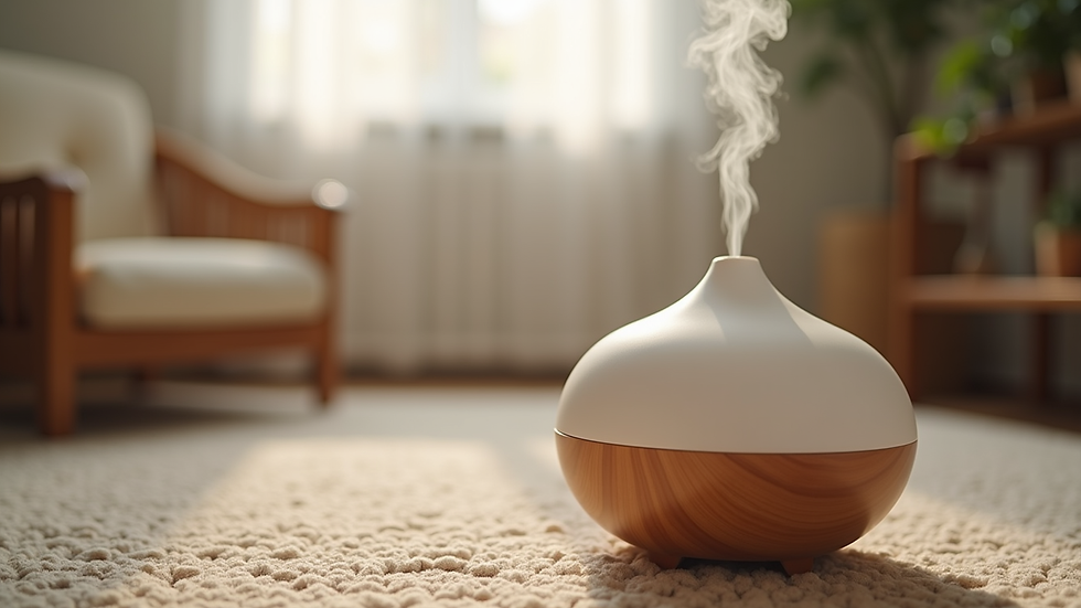 Eye-level view of essential oil diffuser emitting mist in a cozy room