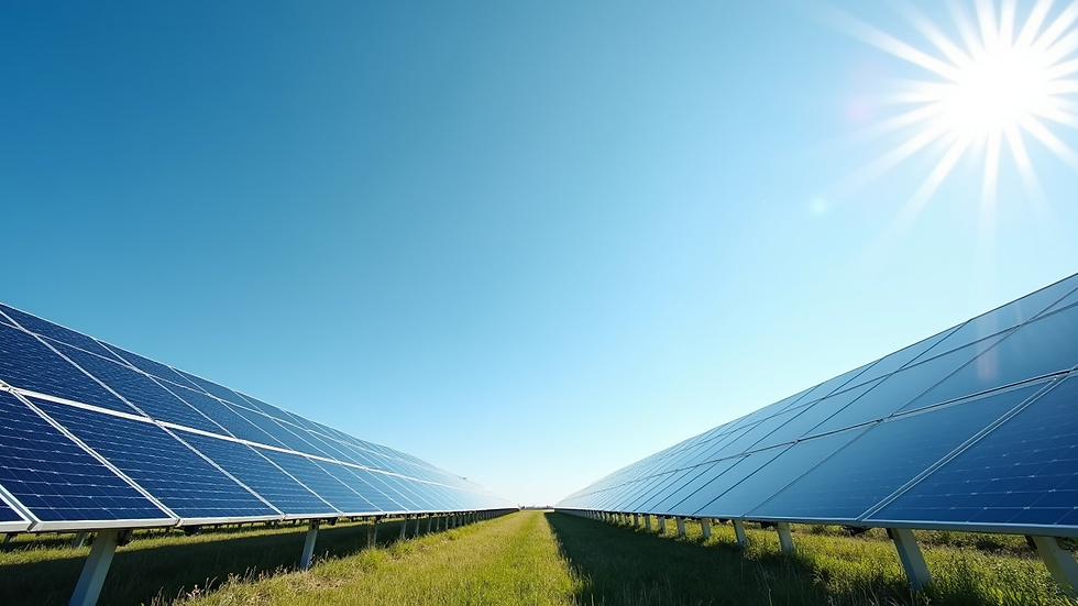 Wide angle view of solar panels set against a clear blue sky