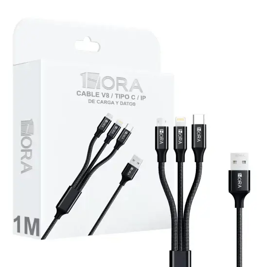 Cable 1hora 3 en 1, usb a tipo c, v8 y lightning