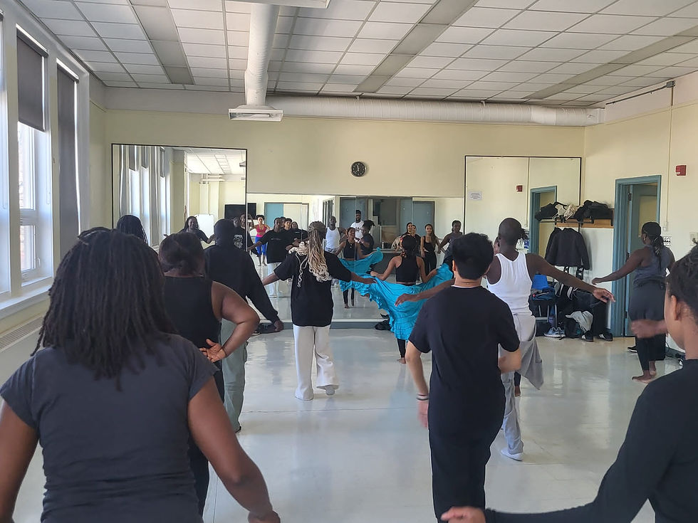 A room of dancers with their backs facing the cameras in the midst of a routine