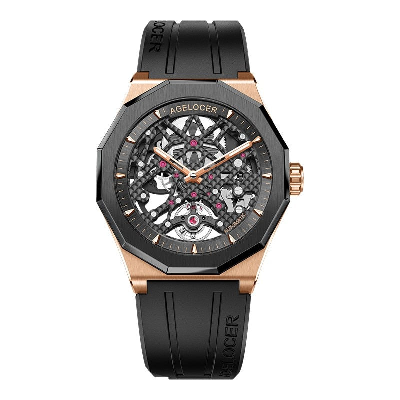 Thumbnail: AGELOCER Skeleton Mechanical Automatic Watch 80 Hours Power Reserve Rubber Strap