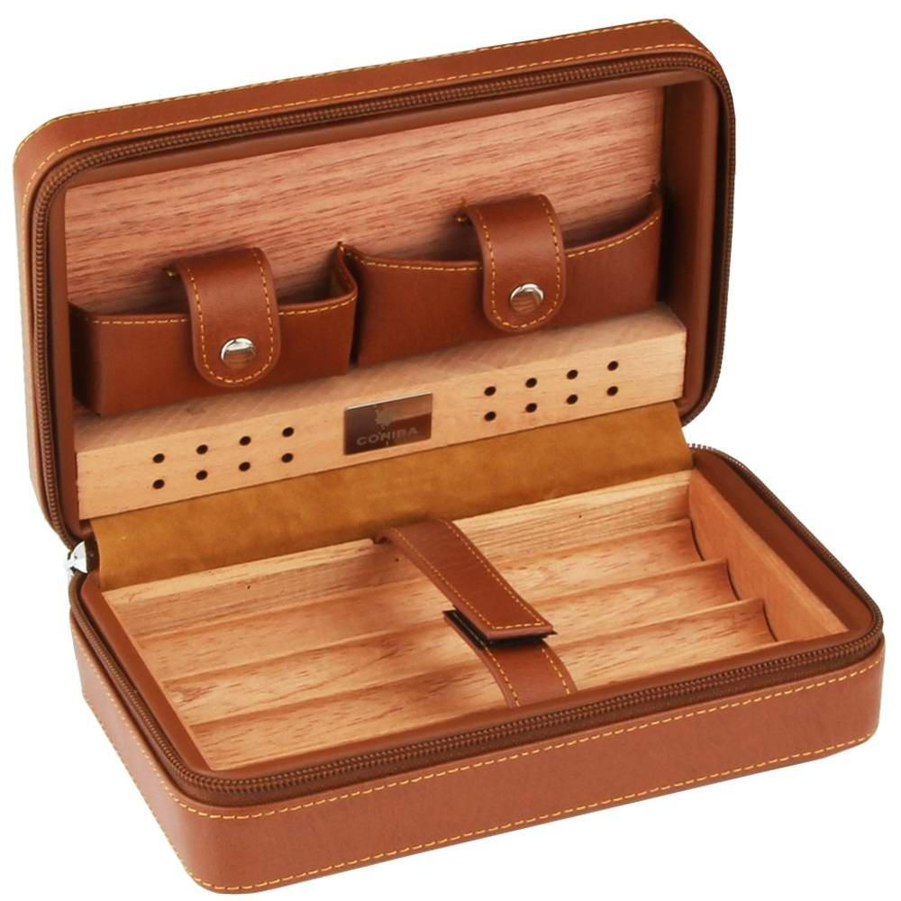 COHIBA Portable Cedar Wood Cigar Humidor Box Travel Leather Cigar Case Storage