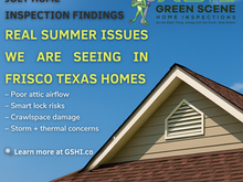 July home inspection graphic by Green Scene Home Inspections highlighting real issues in Frisco Texas homes like poor attic airflow, crawlspace damage, and smart lock risks